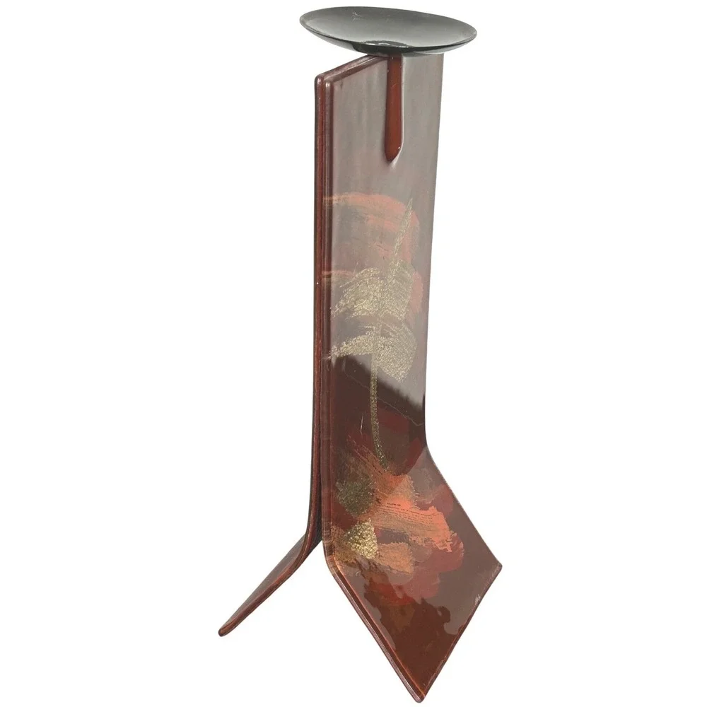 Candle Holder Modern Abstract Art Brown Gold Orange Brushstroke Unique Decor